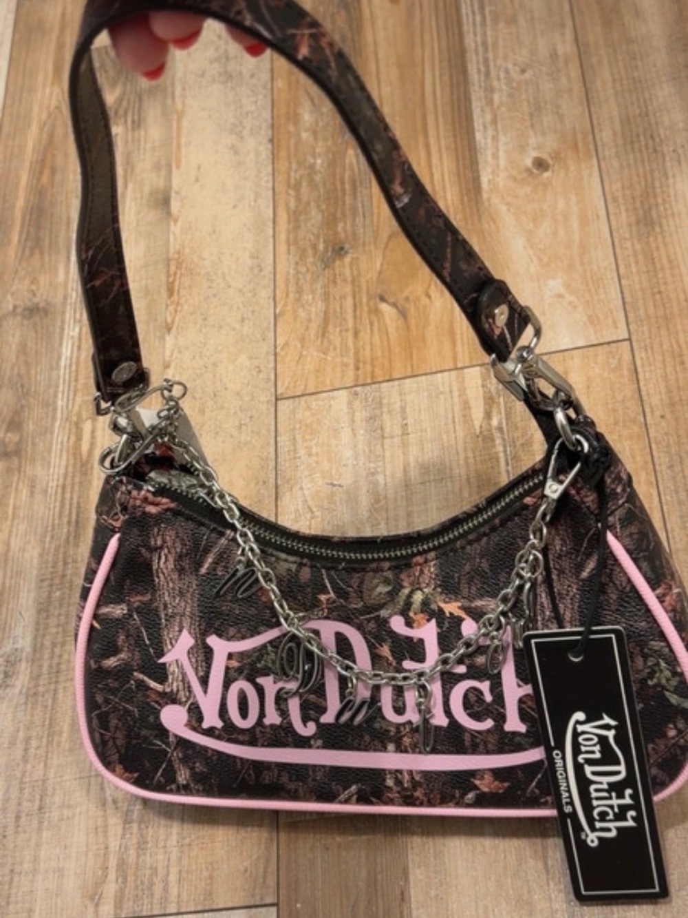 Von Dutch Camouflage Shoulder Bag with Pink Trim and Chain Accent